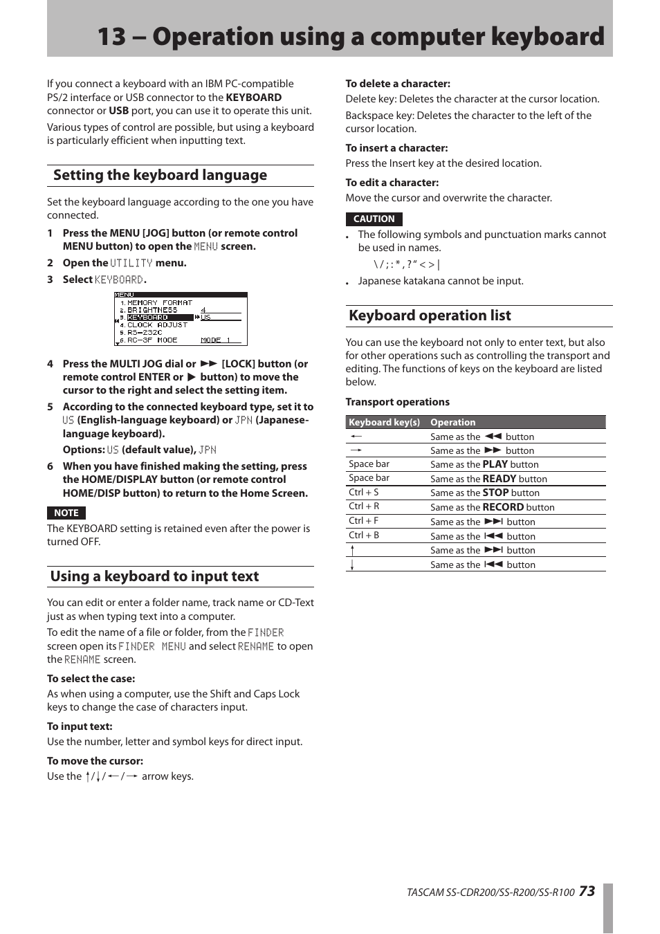 13 − operation using a computer keyboard, Setting the keyboard language, Using a keyboard to input text | Keyboard operation list, 13 − operation using a computer, Keyboard | Teac SS-CDR200 User Manual | Page 73 / 84