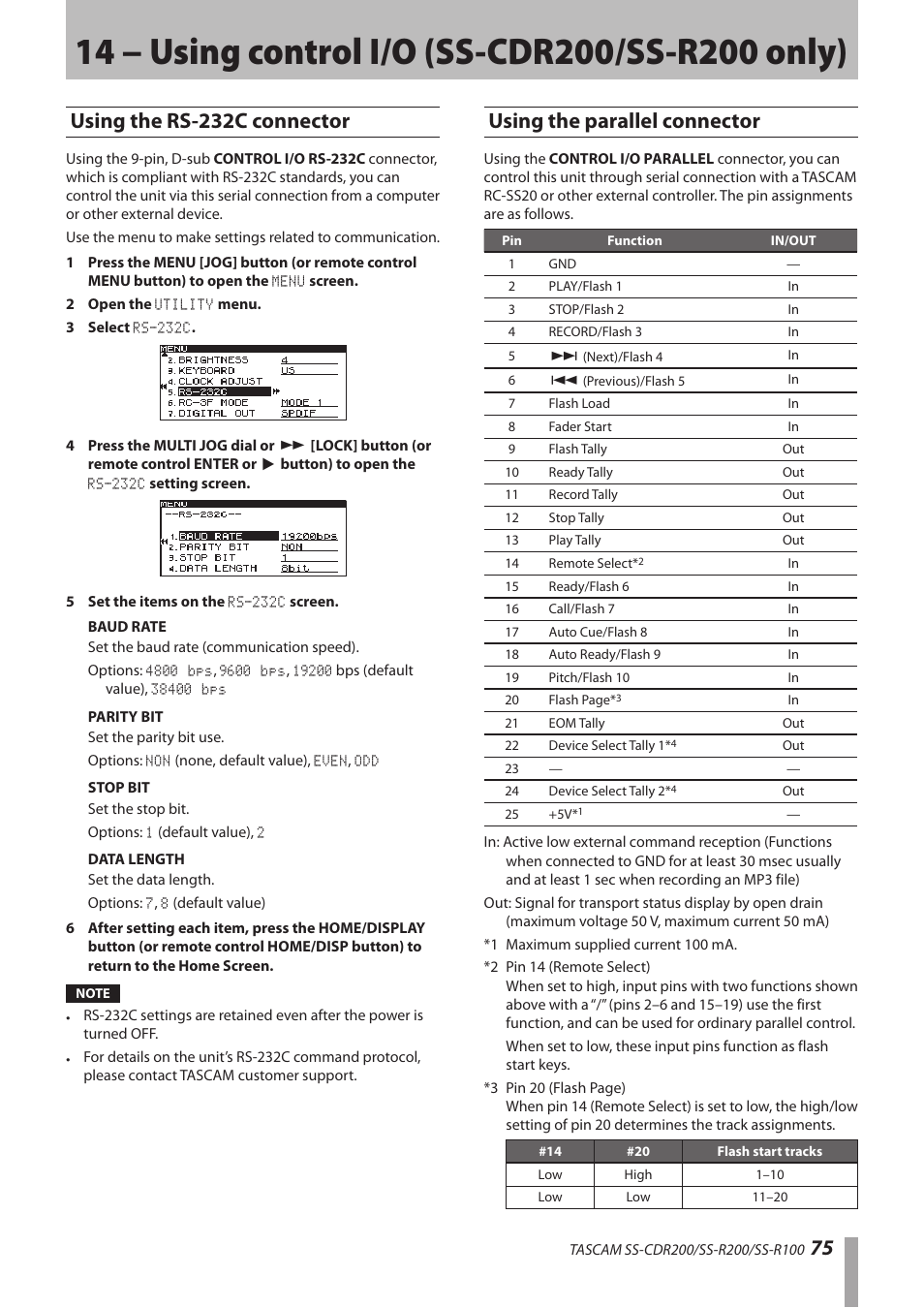 14 − using control i/o (ss-cdr200/ss-r200 only), Using the rs-232c connector, Using the parallel connector | 14 − using control i/o (ss-cdr200/ss-r200, Only) | Teac SS-CDR200 User Manual | Page 75 / 84