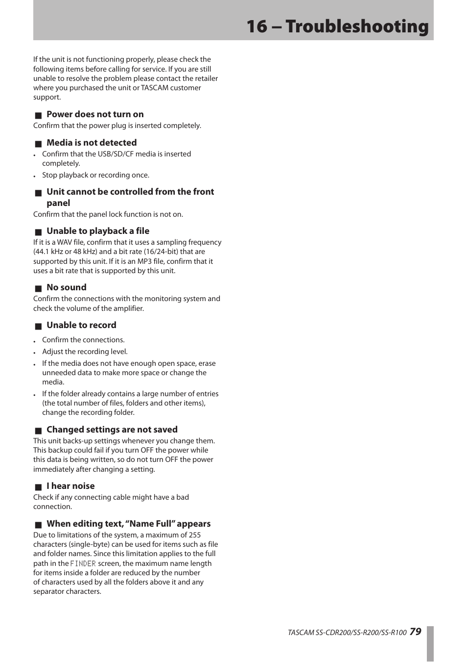 16 − troubleshooting | Teac SS-CDR200 User Manual | Page 79 / 84