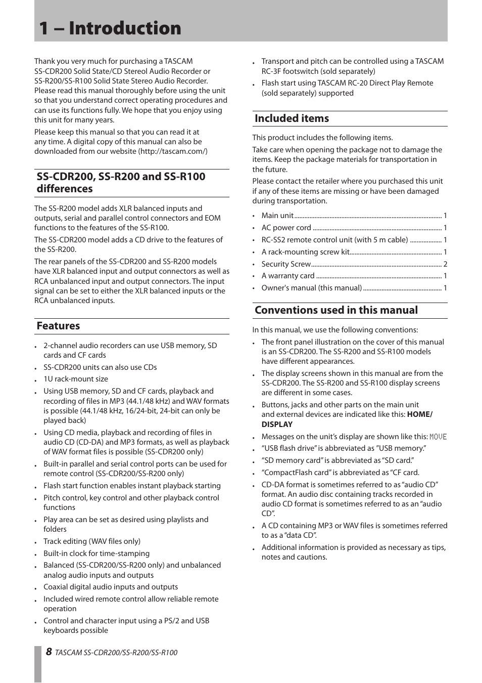 1 − introduction, Ss-cdr200, ss-r200 and ss-r100 differences, Features | Included items, Conventions used in this manual | Teac SS-CDR200 User Manual | Page 8 / 84