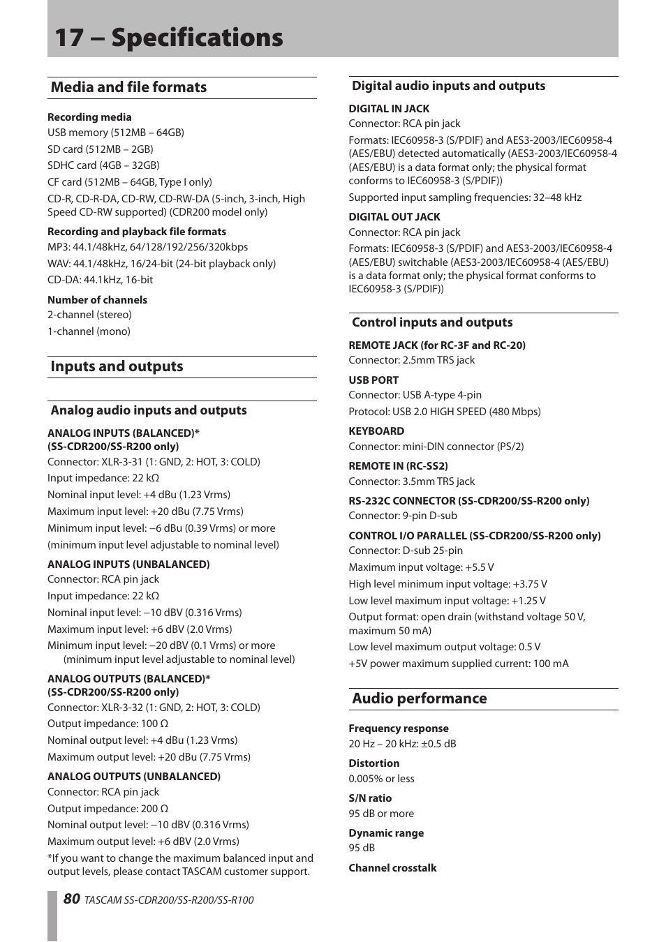 17 − specifications, Media and file formats, Inputs and outputs | Analog audio inputs and outputs, Digital audio inputs and outputs, Control inputs and outputs, Audio performance, Media and file formats inputs and outputs | Teac SS-CDR200 User Manual | Page 80 / 84