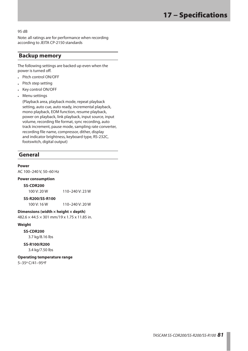 Backup memory, General, Backup memory general | 17 − specifications | Teac SS-CDR200 User Manual | Page 81 / 84