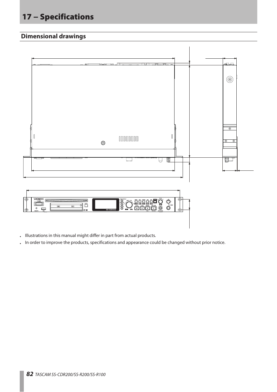 Dimensional drawings, 17 − specifications | Teac SS-CDR200 User Manual | Page 82 / 84