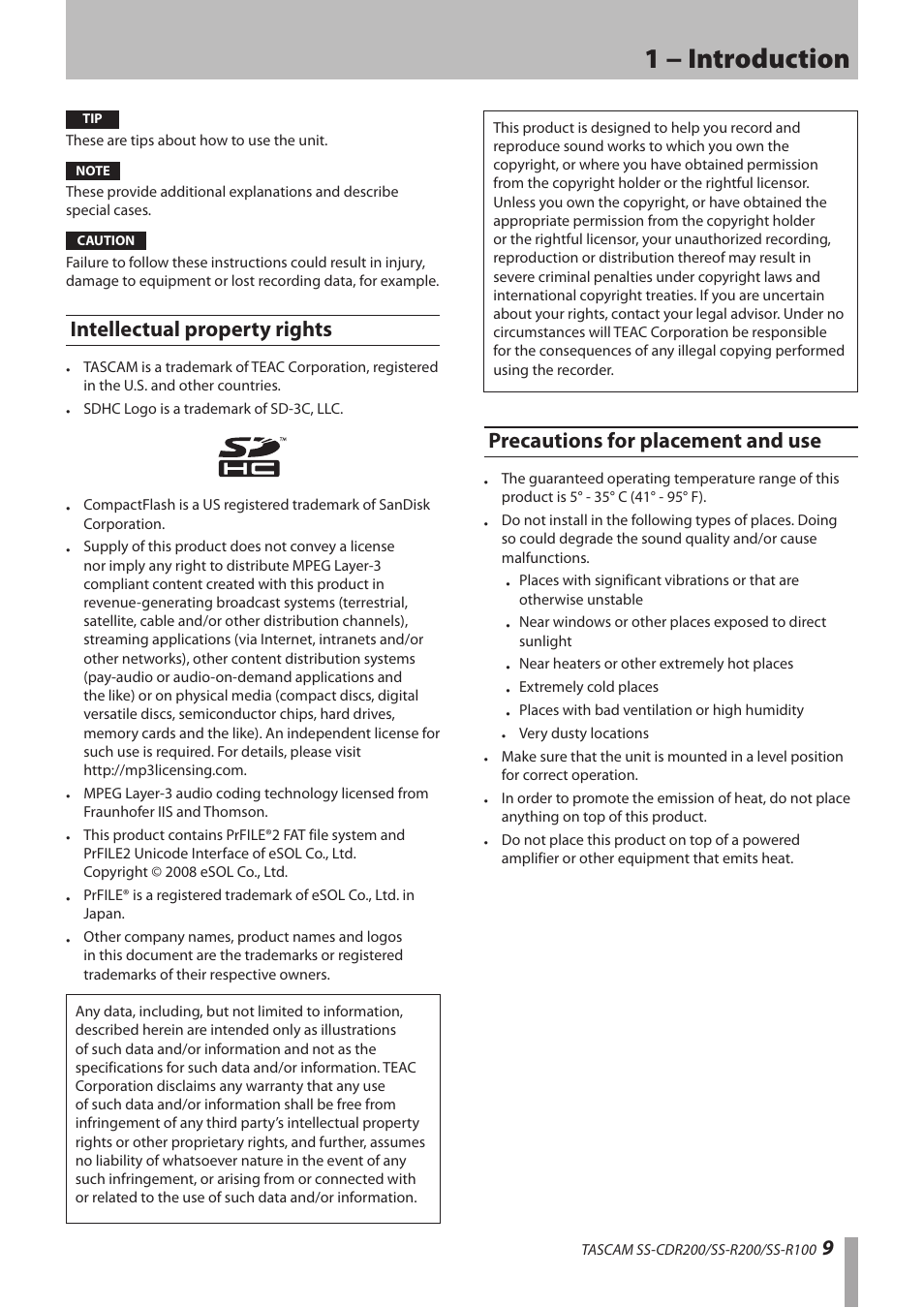 Intellectual property rights, Precautions for placement and use, 1 − introduction | Teac SS-CDR200 User Manual | Page 9 / 84