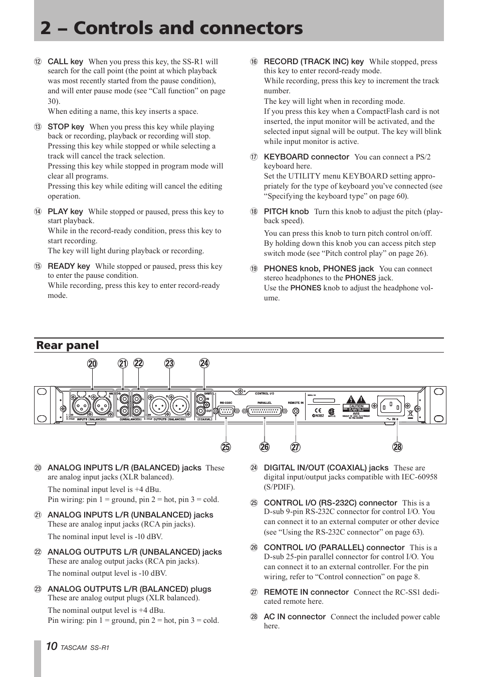 Rear panel, 2 − controls and connectors | Teac SS-R05 User Manual | Page 10 / 68