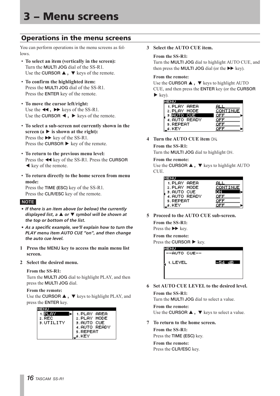 Operations in the menu screens, 3 − menu screens | Teac SS-R05 User Manual | Page 16 / 68