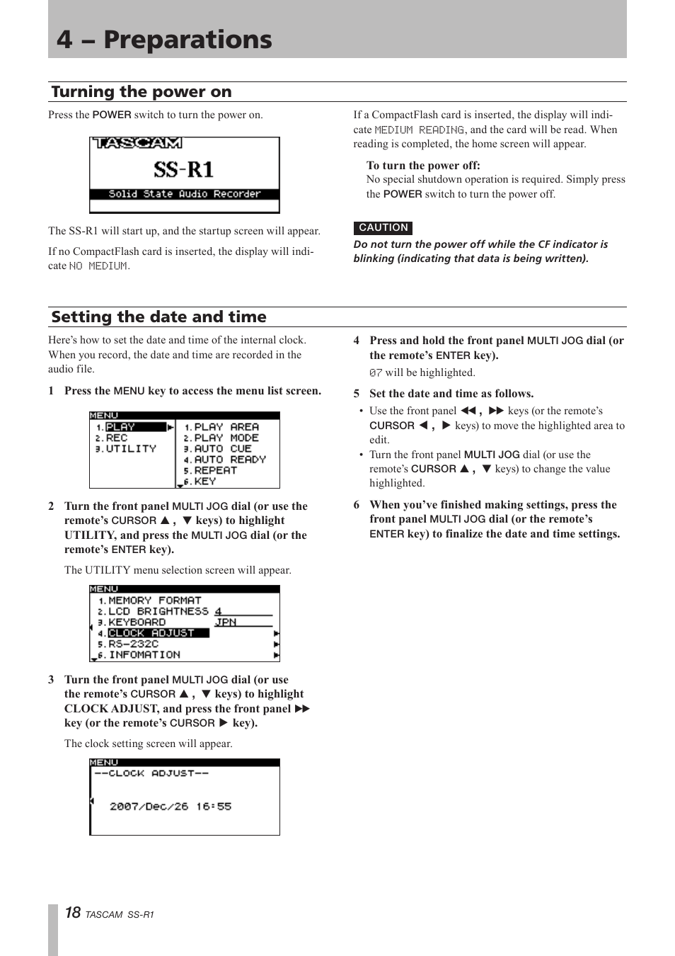 Turning the power on, Setting the date and time, Turning the power on setting the date and time | 4 − preparations | Teac SS-R05 User Manual | Page 18 / 68