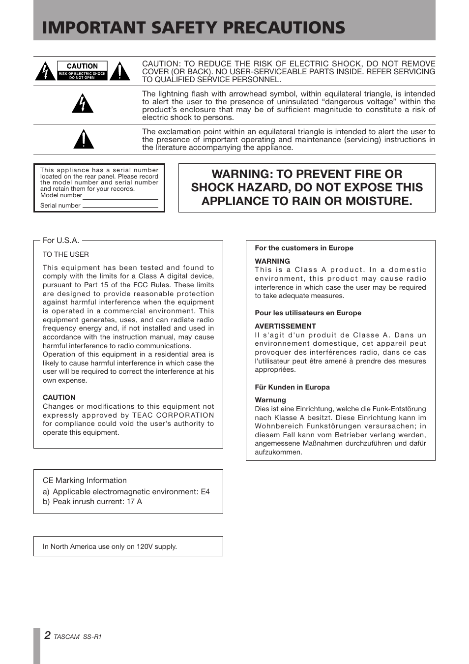 Important safety precautions | Teac SS-R05 User Manual | Page 2 / 68