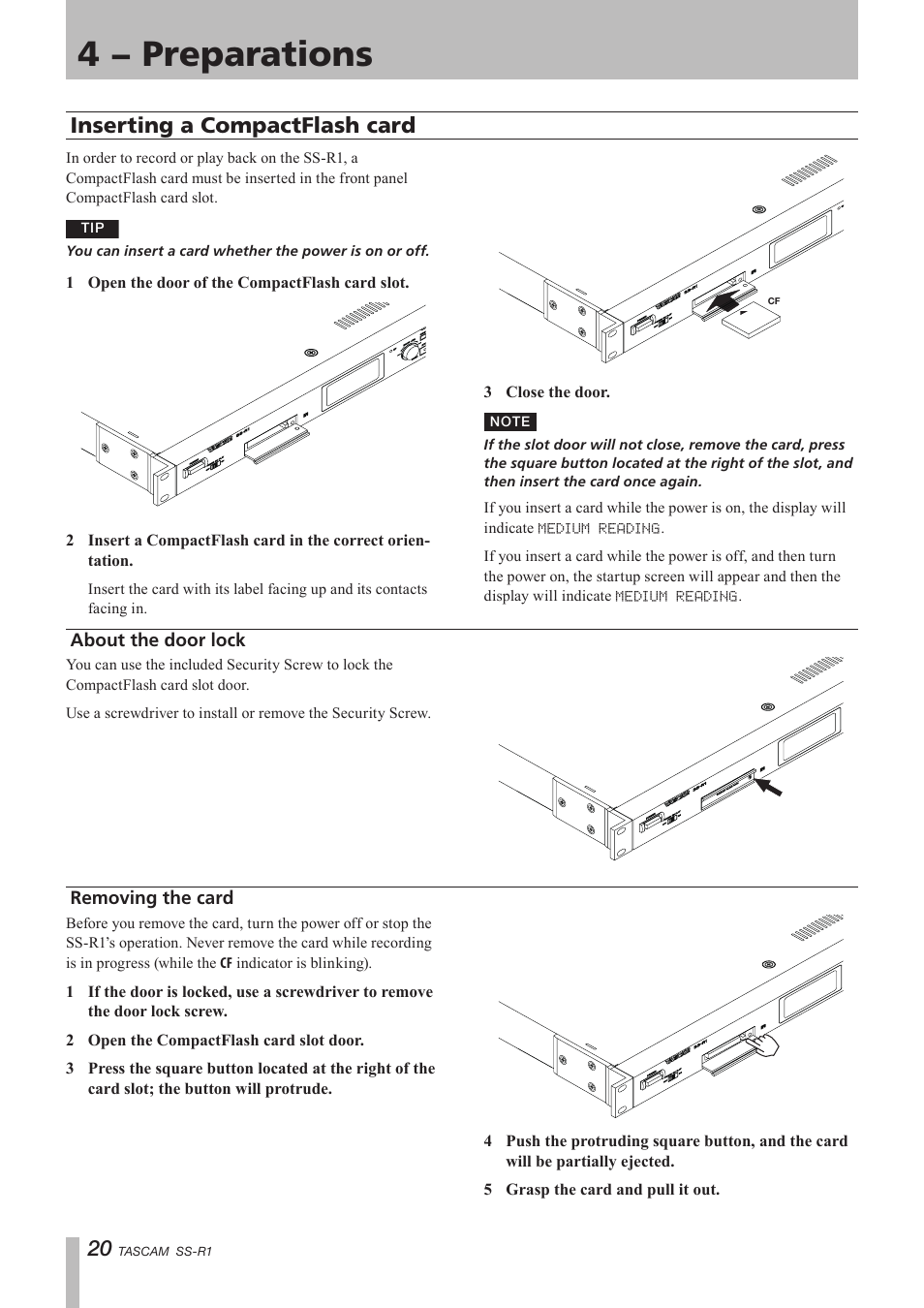 Inserting a compactflash card, About the door lock, Removing the card | About the door lock removing the card, 4 − preparations | Teac SS-R05 User Manual | Page 20 / 68