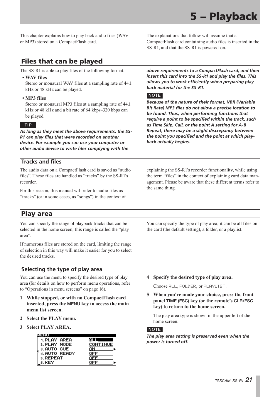 5 − playback, Files that can be played, Tracks and files | Play area, Selecting the type of play area, 1 files that can be played | Teac SS-R05 User Manual | Page 21 / 68