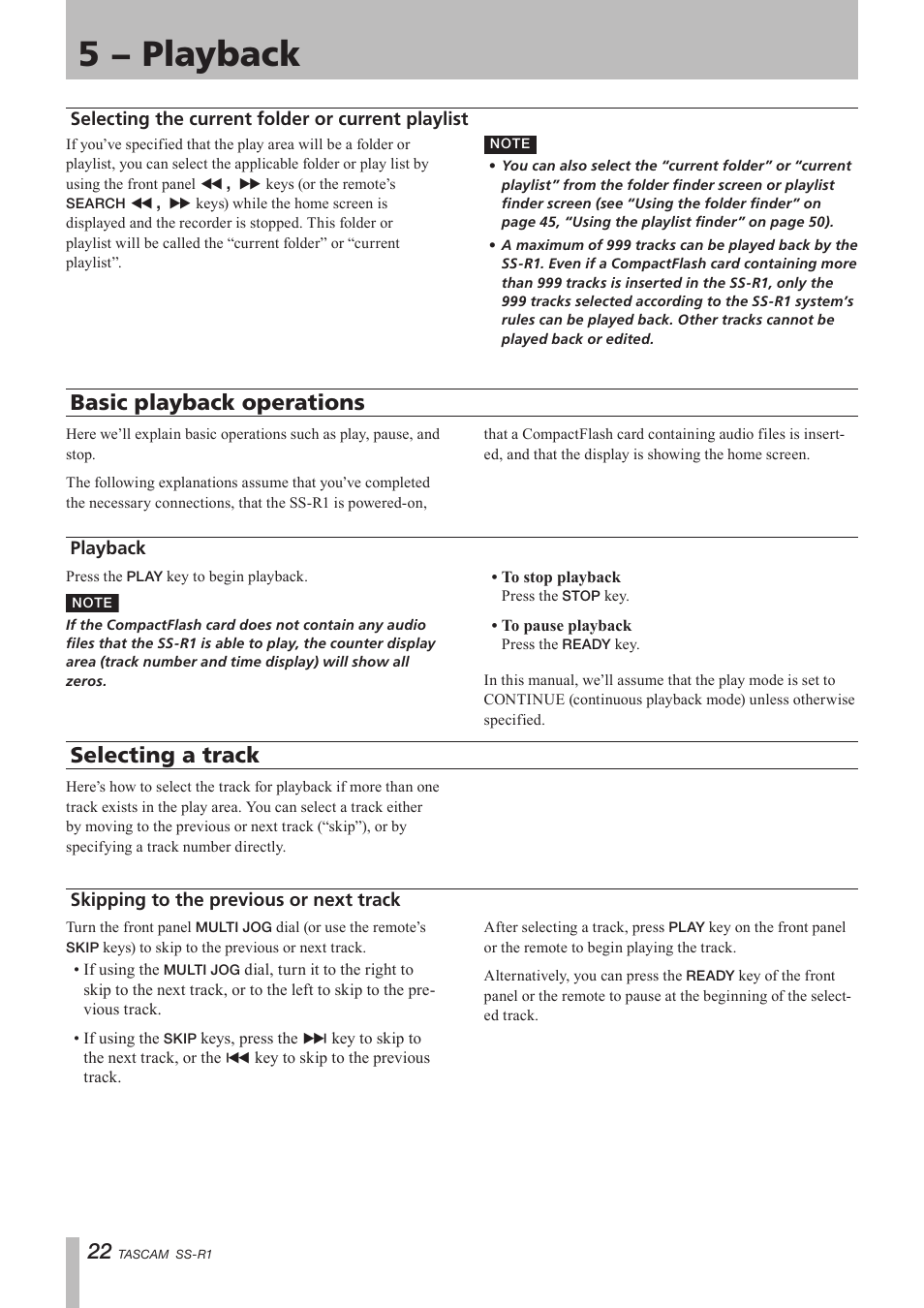 Basic playback operations, Playback, Selecting a track | Skipping to the previous or next track, Selecting the current folder, Or current playlist, 5 − playback | Teac SS-R05 User Manual | Page 22 / 68