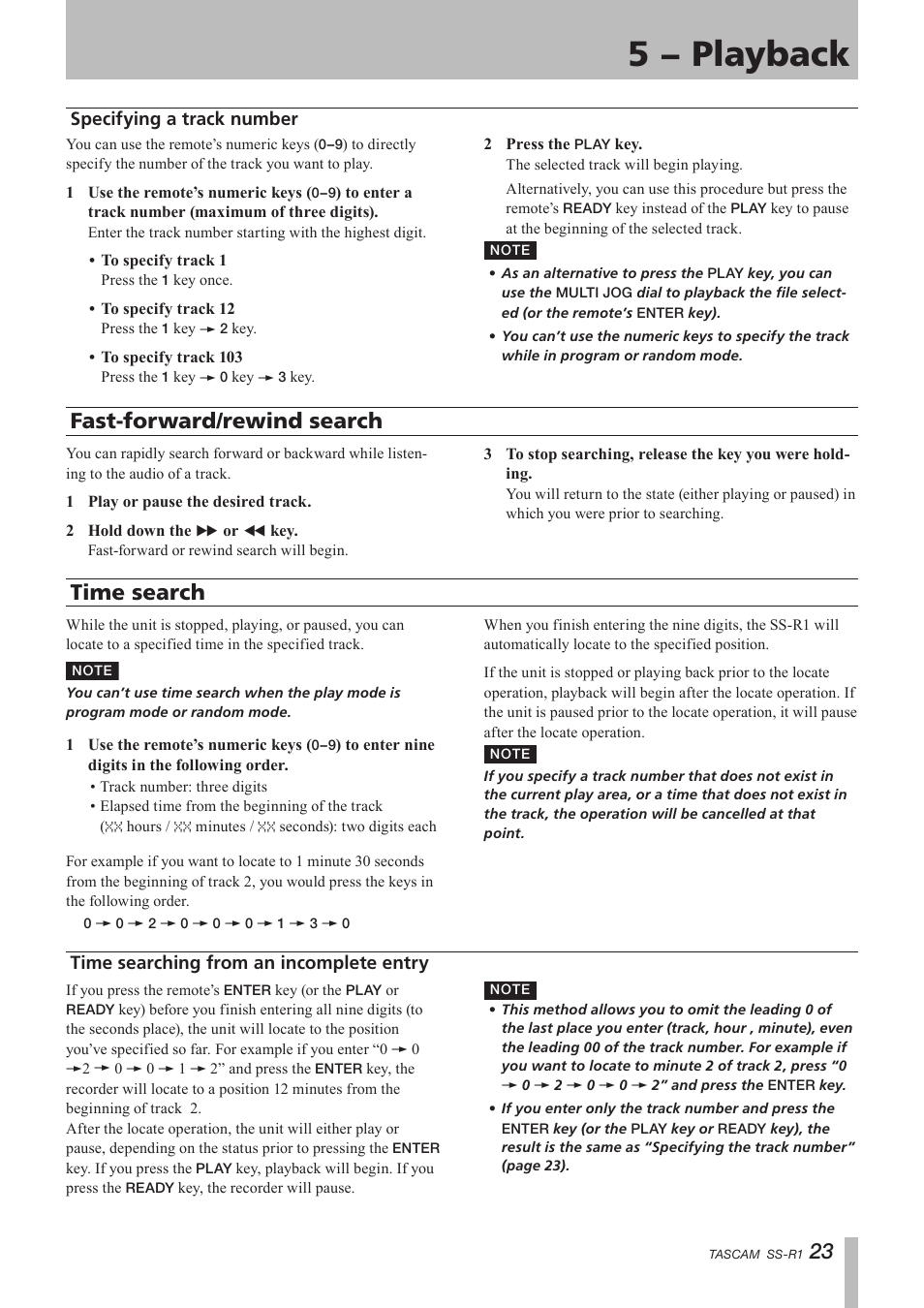 Specifying a track number, Fast-forward/rewind search, Time search | Time searching from an incomplete entry, Fast-forward/rewind search time search, 5 − playback | Teac SS-R05 User Manual | Page 23 / 68