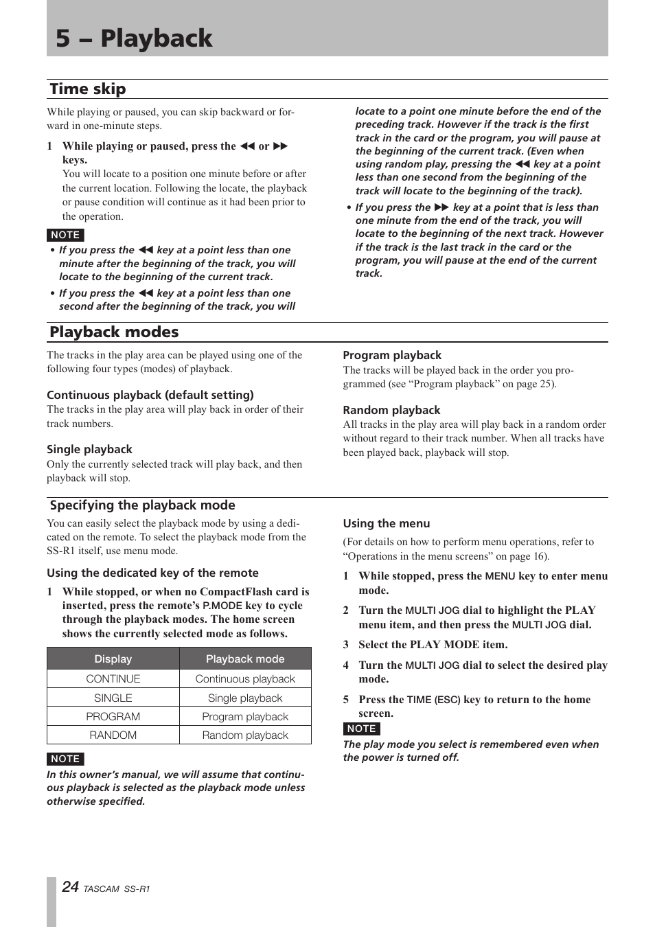 Time skip, Playback modes, Specifying the playback mode | Time skip playback modes, 5 − playback | Teac SS-R05 User Manual | Page 24 / 68