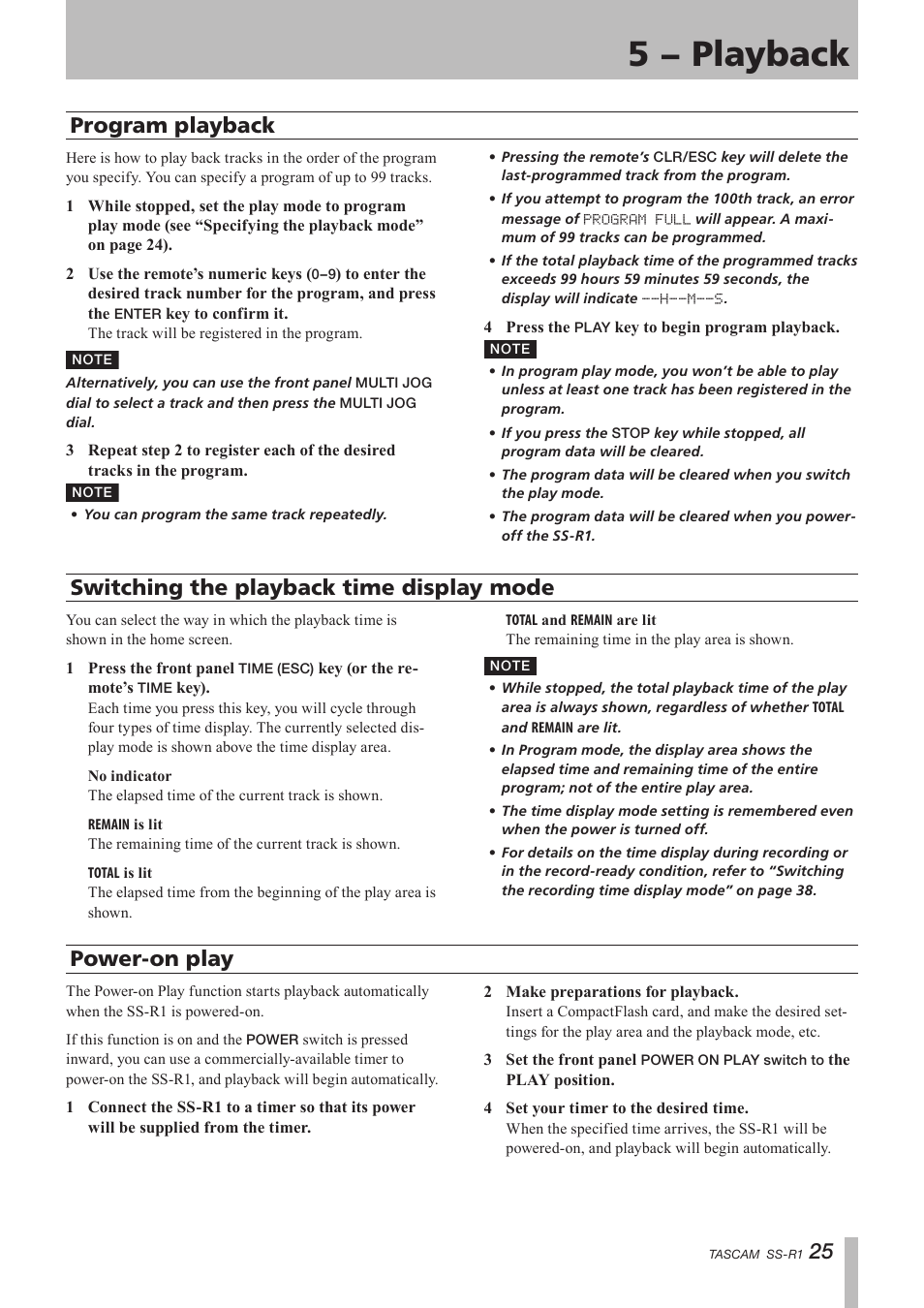 Program play, Switching the playback time display mode, Power-on play | Mode, 5 − playback, Program playback | Teac SS-R05 User Manual | Page 25 / 68