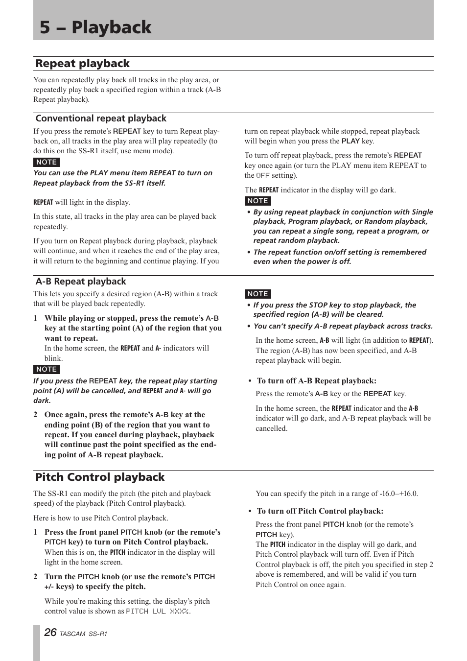 Repeat play, Conventional repeat play, A-b repeat play | Pitch control play, Repeat playback, Conventional repeat playback a-b repeat playback, Pitch control playback, E “pitch control play, 5 − playback | Teac SS-R05 User Manual | Page 26 / 68