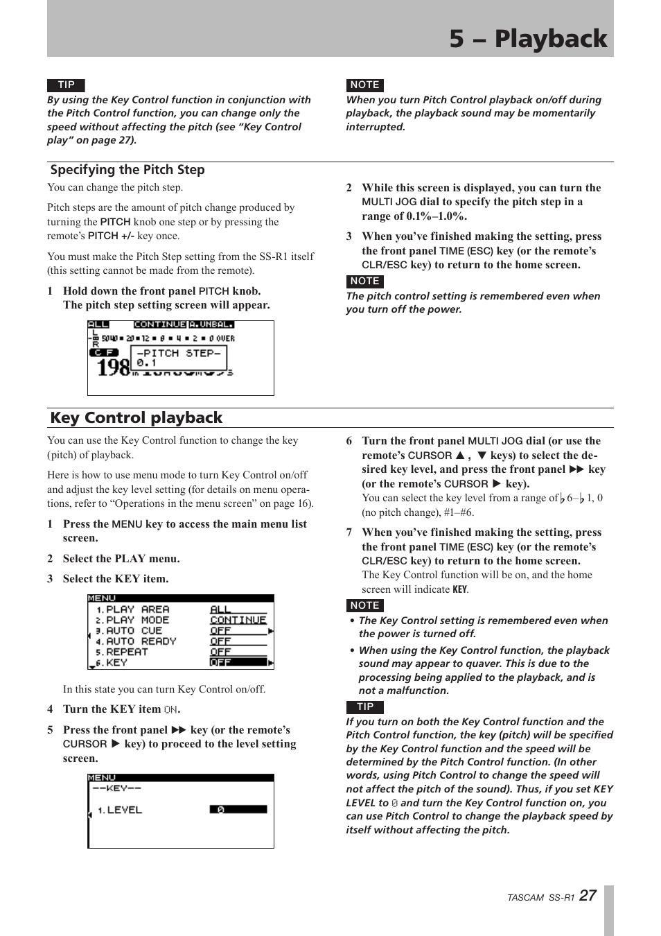 Specifying the pitch step, Key control play, Key control playback | 5 − playback | Teac SS-R05 User Manual | Page 27 / 68