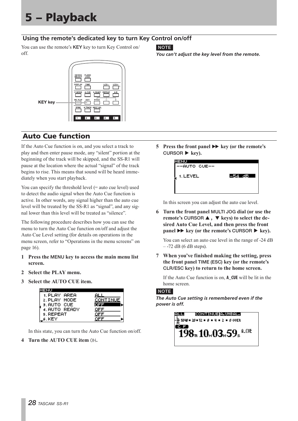 Auto cue function, Using the remote’s dedicated key, To turn key control on/off | 5 − playback | Teac SS-R05 User Manual | Page 28 / 68