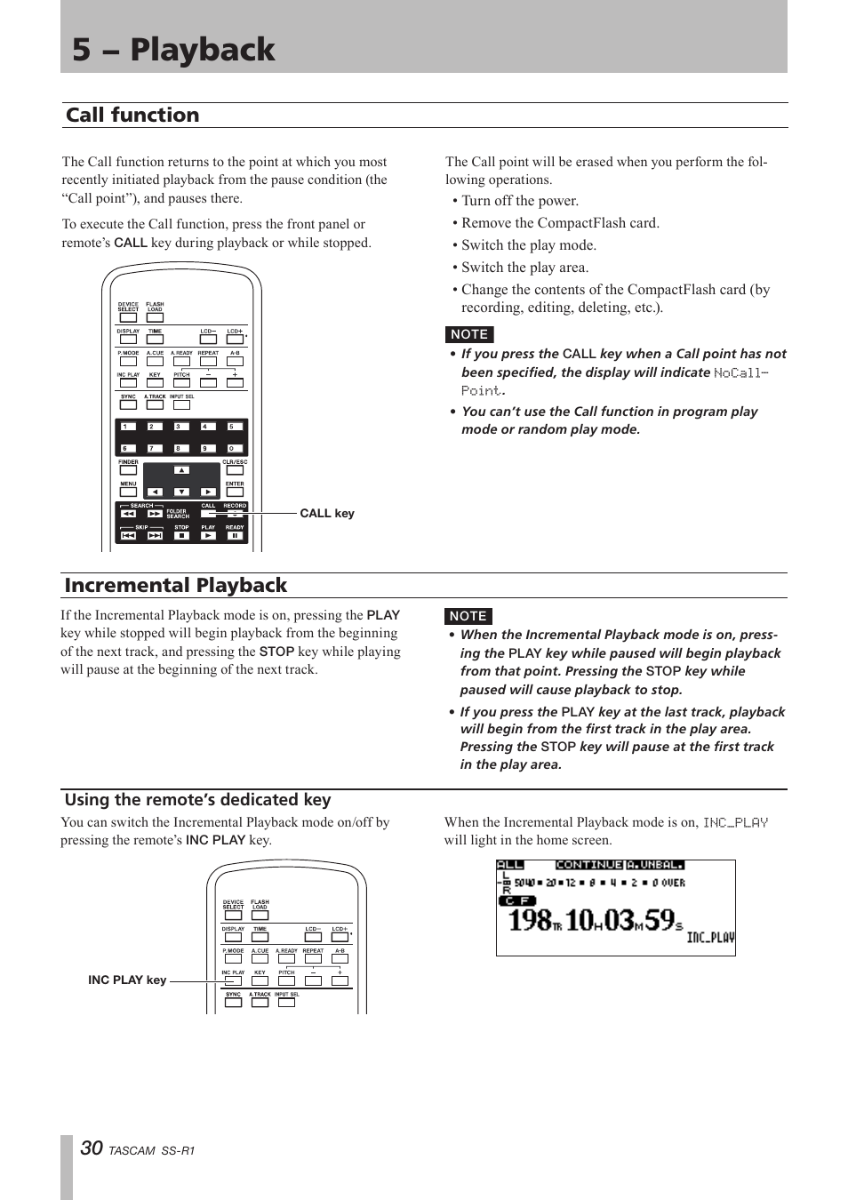 Call function, Incremental play function, Using the remote’s dedicated key | Call function incremental playback, 5 − playback, Incremental playback | Teac SS-R05 User Manual | Page 30 / 68