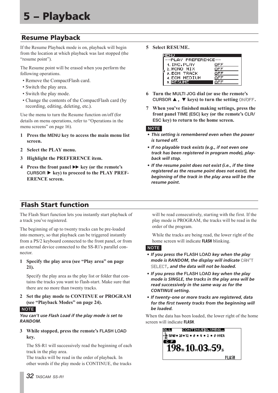 Resume playback, Flash start function, Resume playback flash start function | E “flash start, 5 − playback | Teac SS-R05 User Manual | Page 32 / 68