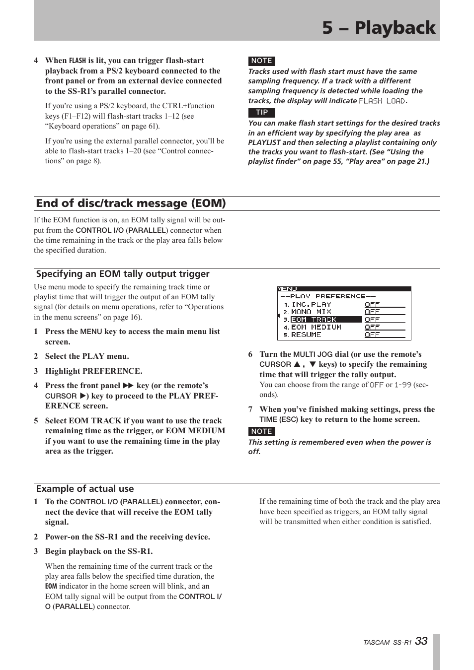 End of disc/track message (eom), Specifying an eom tally output trigger, Example of actual use | 5 − playback | Teac SS-R05 User Manual | Page 33 / 68