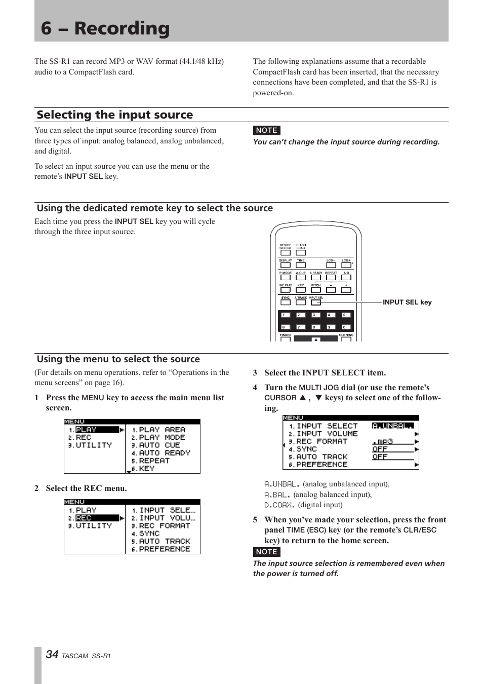 6 − recording, Selecting the input source, Using the menu to select the source | Using the dedicated remote key, To select the source | Teac SS-R05 User Manual | Page 34 / 68