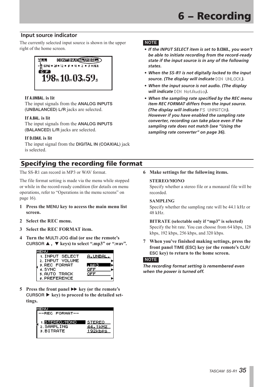 Input source indicator, Specifying the recording file format, 6 − recording | Teac SS-R05 User Manual | Page 35 / 68