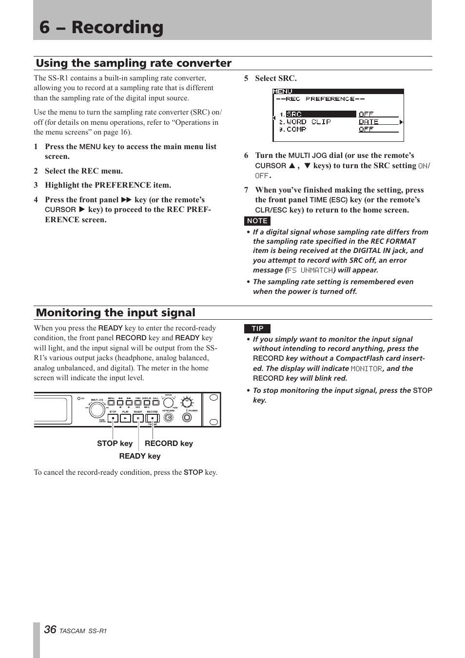 Using the sampling rate converter, Monitoring the input signal, 6 − recording | Teac SS-R05 User Manual | Page 36 / 68