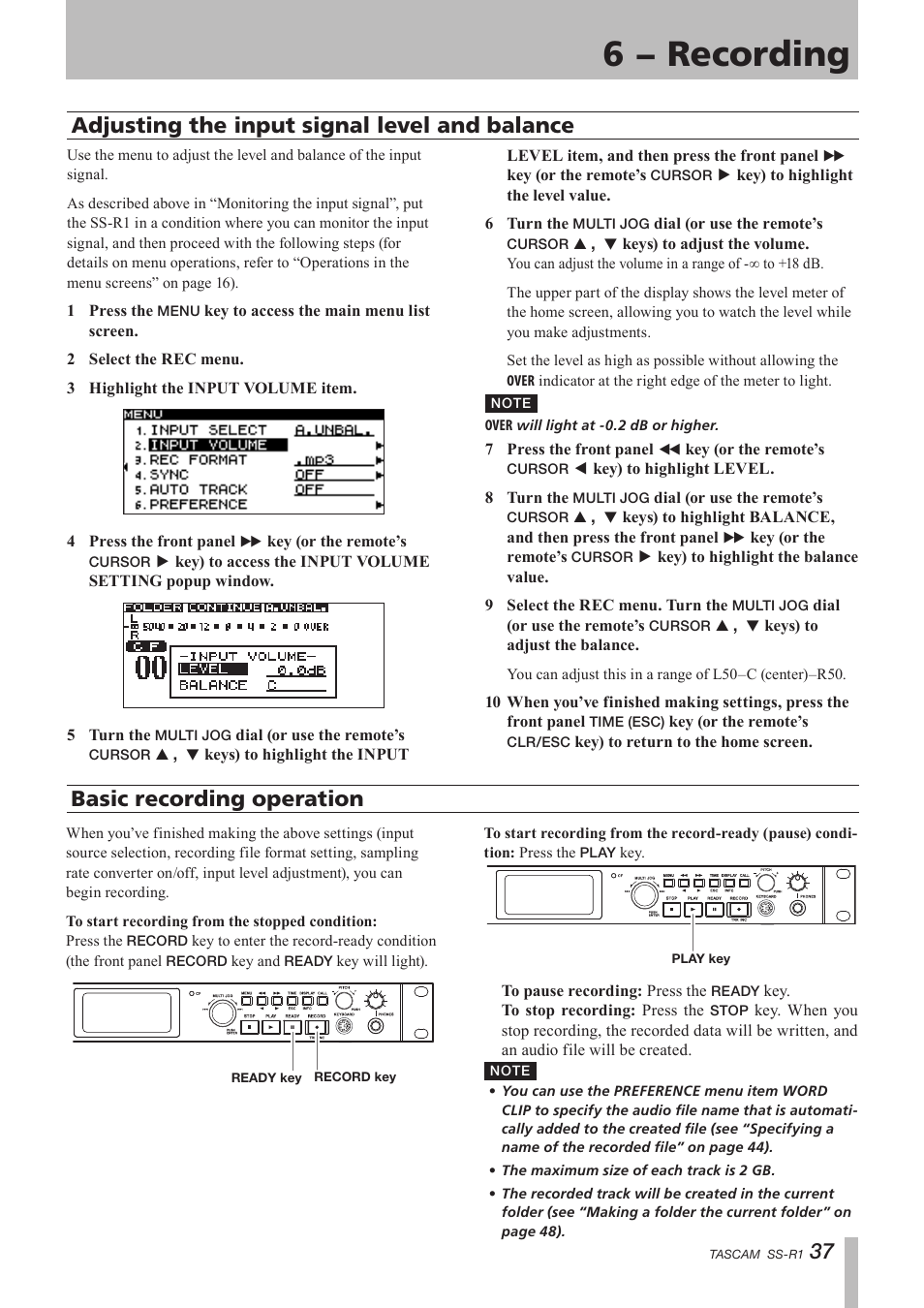 Adjusting the input signal level and balance, Basic recording operation, Adjusting the input signal level | And balance, 6 − recording | Teac SS-R05 User Manual | Page 37 / 68