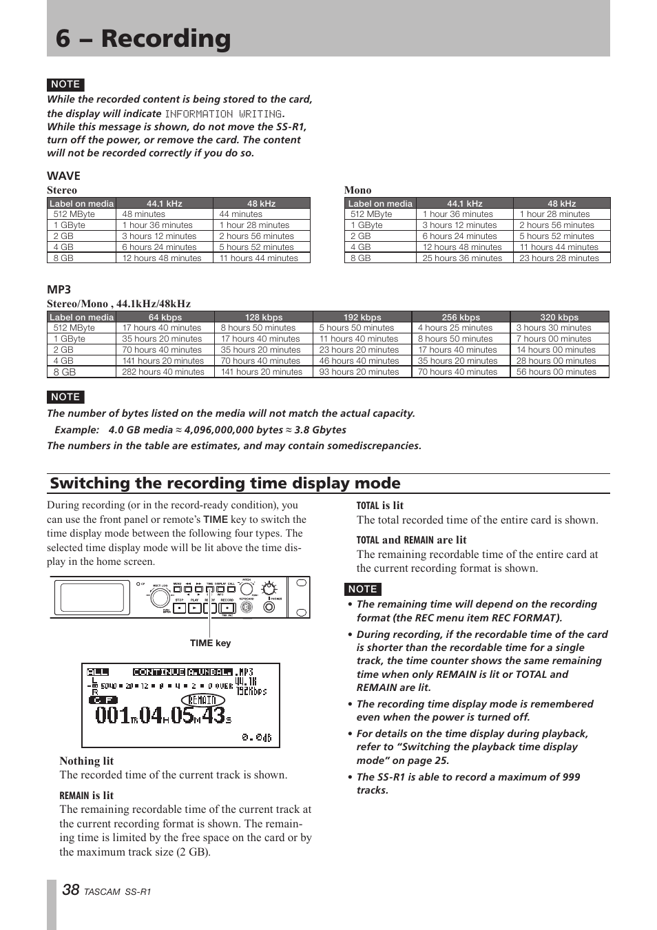 Switching the recording time display mode, Switching the recording time display, Mode | 6 − recording | Teac SS-R05 User Manual | Page 38 / 68