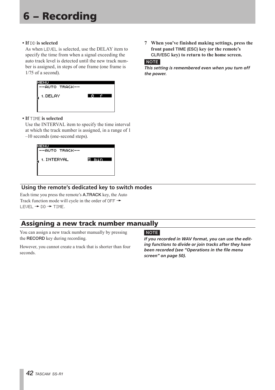 Using the remote’s dedicated key to switch modes, Assigning a new track number manually, Using the remote’s dedicated key | To switch modes, 6 − recording | Teac SS-R05 User Manual | Page 42 / 68