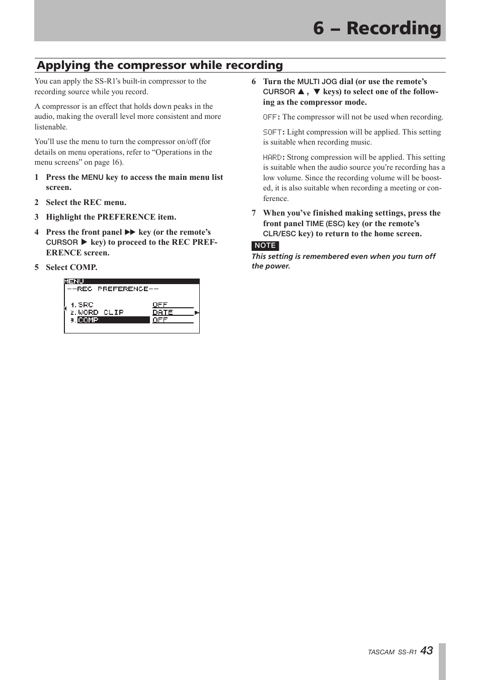 Applying the compressor while recording, 6 − recording | Teac SS-R05 User Manual | Page 43 / 68