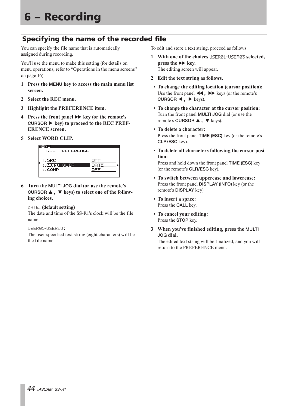Specifying the name of the recorded file, 6 − recording | Teac SS-R05 User Manual | Page 44 / 68