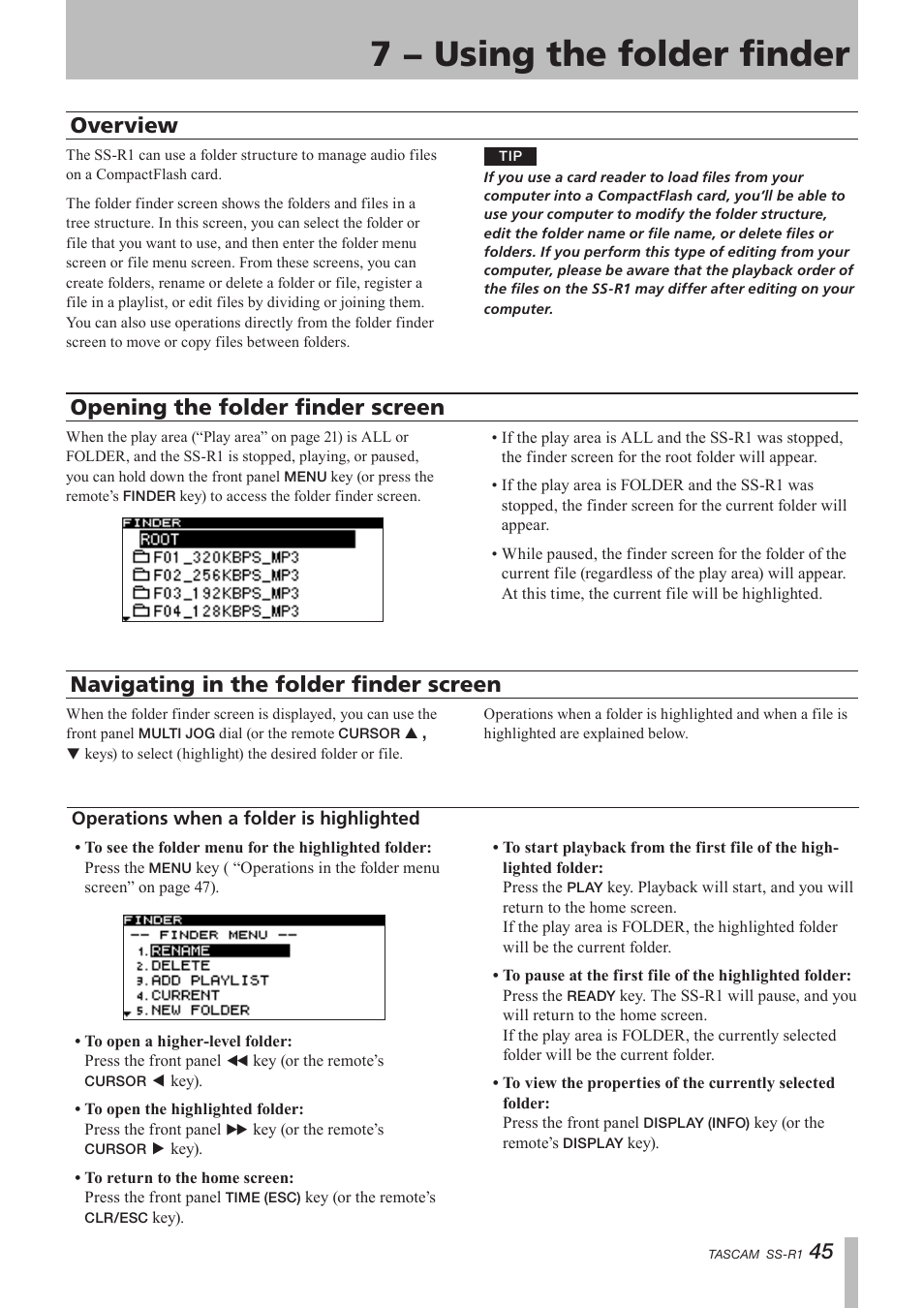 7 − using the folder finder, Overview, Opening the folder finder screen | Navigating in the folder finder screen, Operations when a folder is highlighted | Teac SS-R05 User Manual | Page 45 / 68