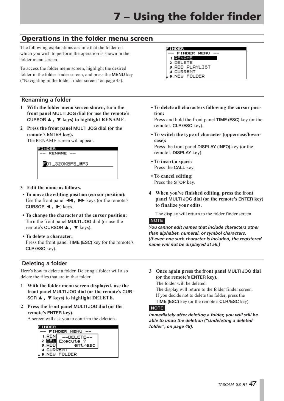 Operations in the folder menu screen, Renaming a folder, Deleting a folder | Renaming a folder deleting a folder, 7 − using the folder finder | Teac SS-R05 User Manual | Page 47 / 68