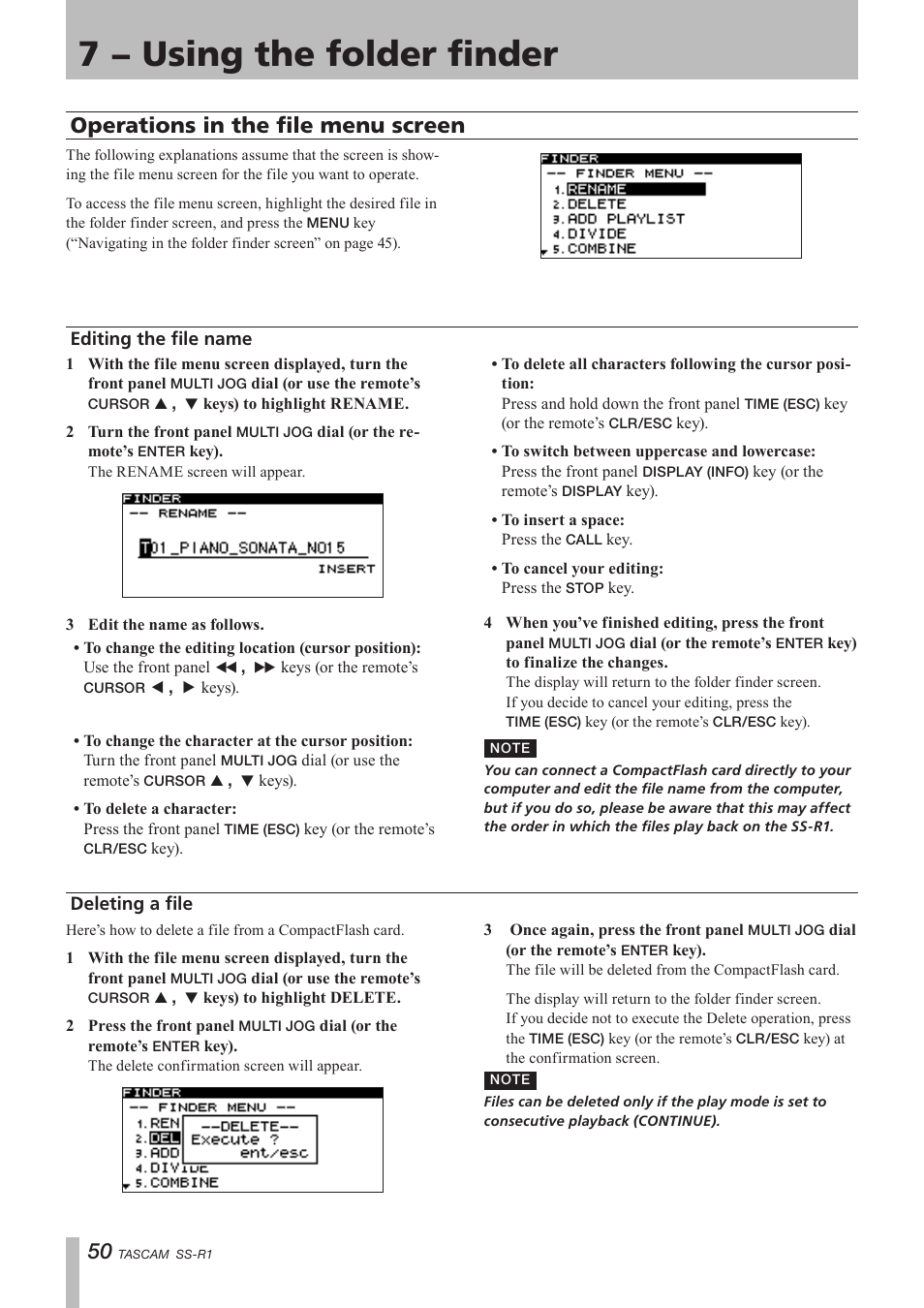 Operations in the file menu screen, Editing the file name, Deleting a file | Editing the file name deleting a file, 7 − using the folder finder | Teac SS-R05 User Manual | Page 50 / 68