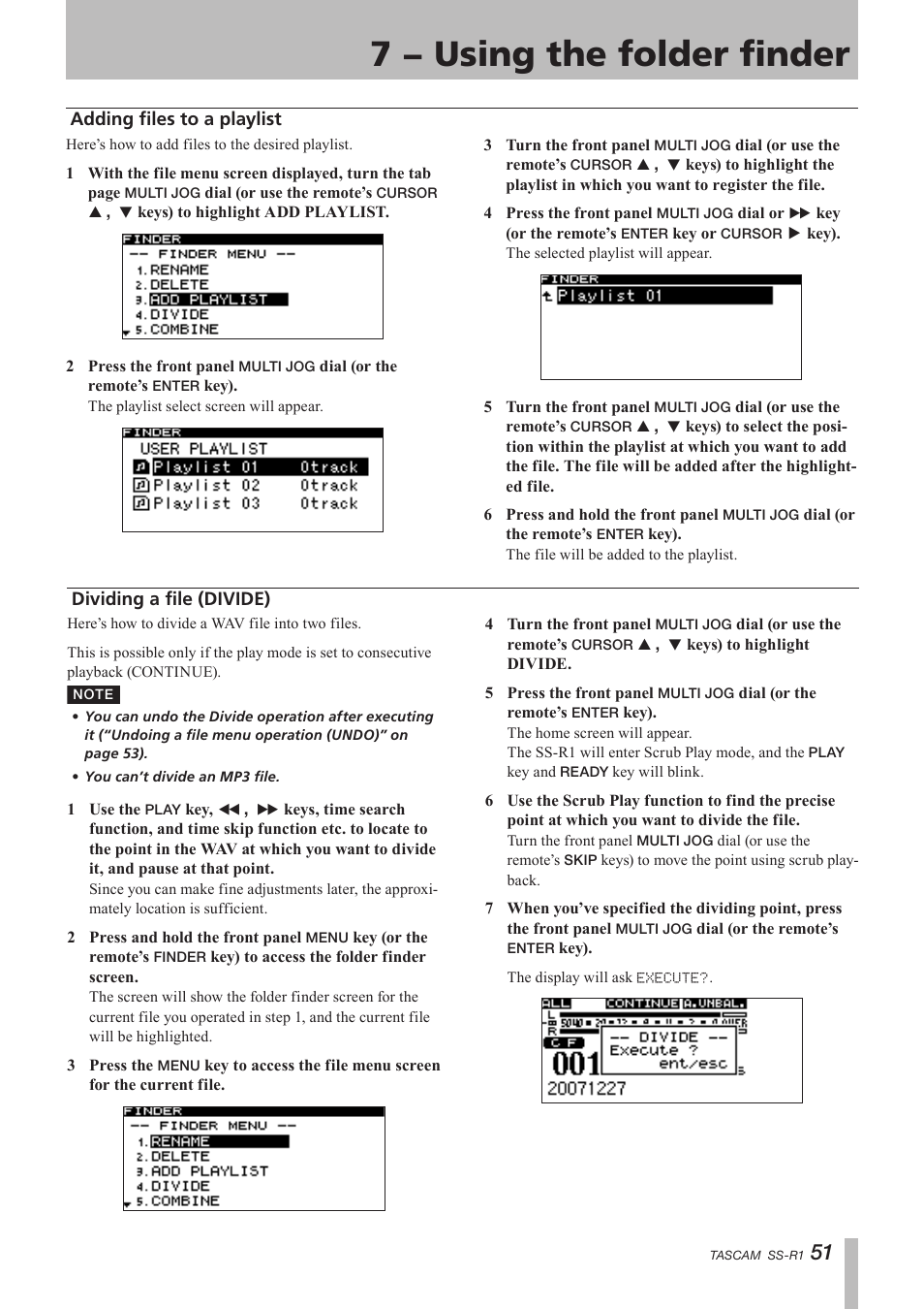 Adding files to a playlist, Dividing a file (divide), 7 − using the folder finder | Teac SS-R05 User Manual | Page 51 / 68