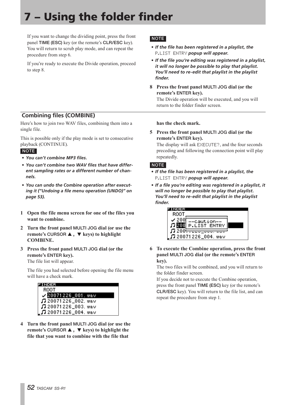 Combining files (combine), 7 − using the folder finder | Teac SS-R05 User Manual | Page 52 / 68