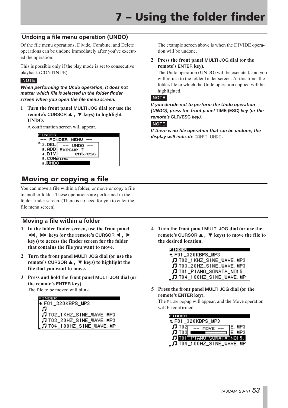 Undoing a file menu operation (undo), Moving or copying a file, Moving a file within a folder | 7 − using the folder finder | Teac SS-R05 User Manual | Page 53 / 68