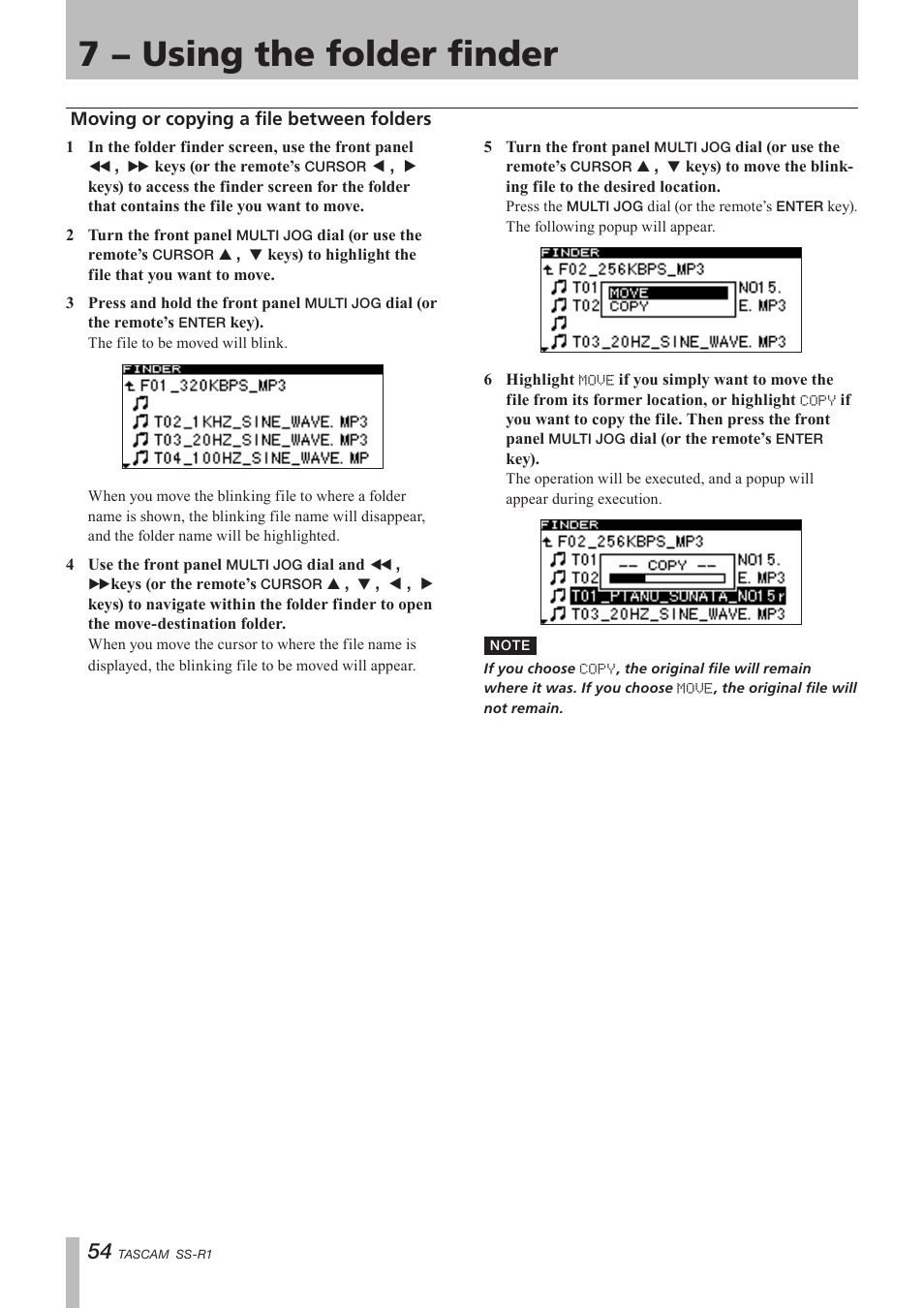 Moving or copying a file between folders, Moving or copying a file between, Folders | 7 − using the folder finder | Teac SS-R05 User Manual | Page 54 / 68