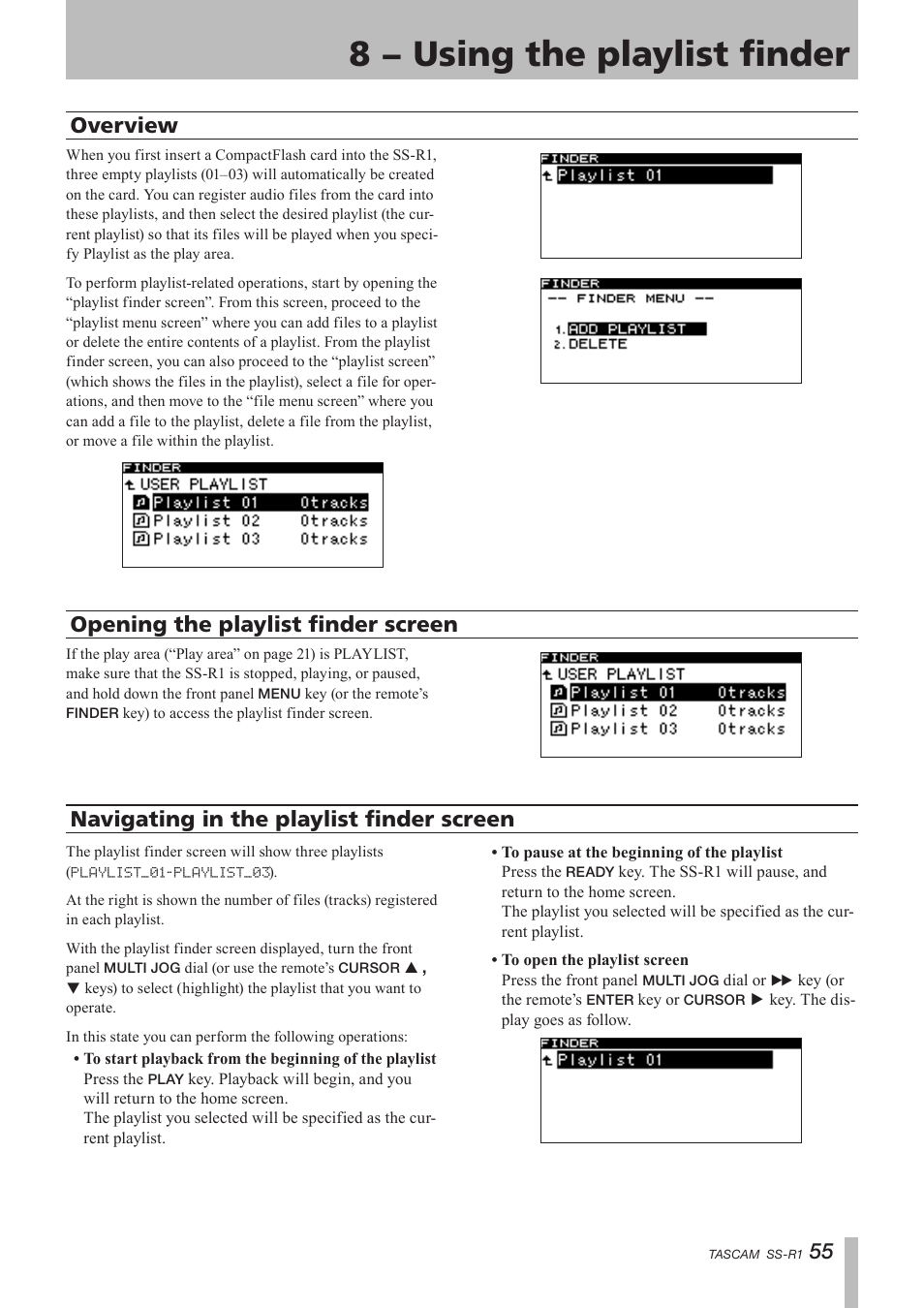 8 − using the playlist finder, Overview, Opening the playlist finder screen | Navigating in the playlist finder screen | Teac SS-R05 User Manual | Page 55 / 68