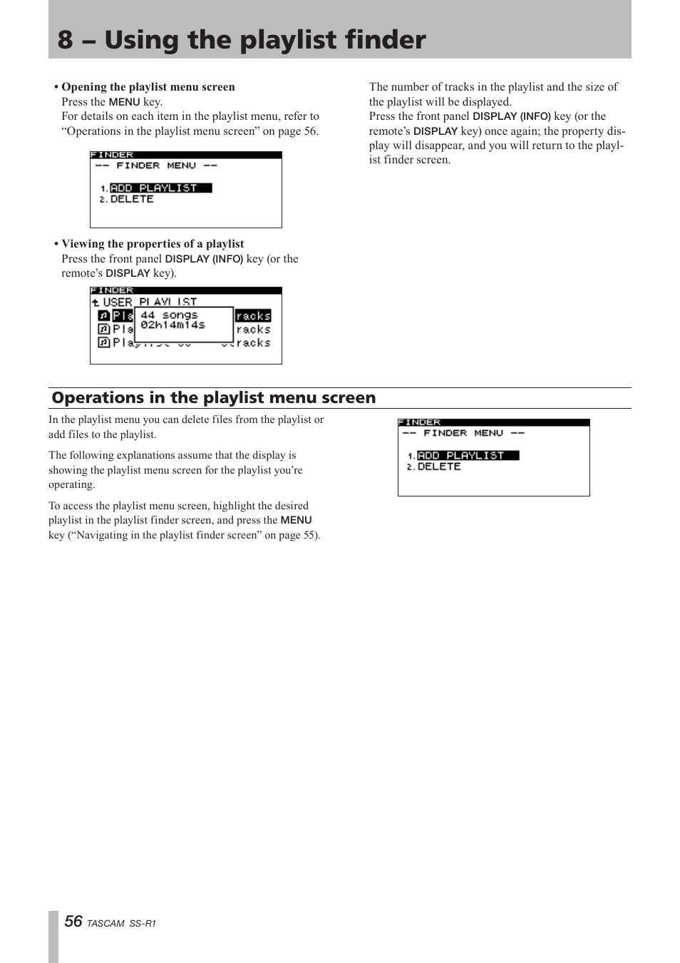 Operations in the playlist menu screen, 8 − using the playlist finder | Teac SS-R05 User Manual | Page 56 / 68