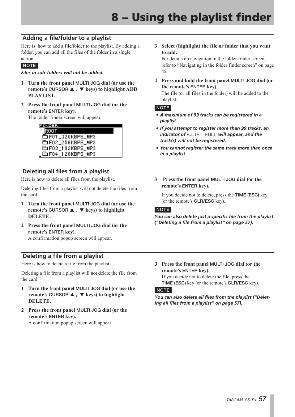 Adding a file/folder to a playlist, Deleting all files from a playlist, Deleting a file from a playlist | 8 − using the playlist finder | Teac SS-R05 User Manual | Page 57 / 68