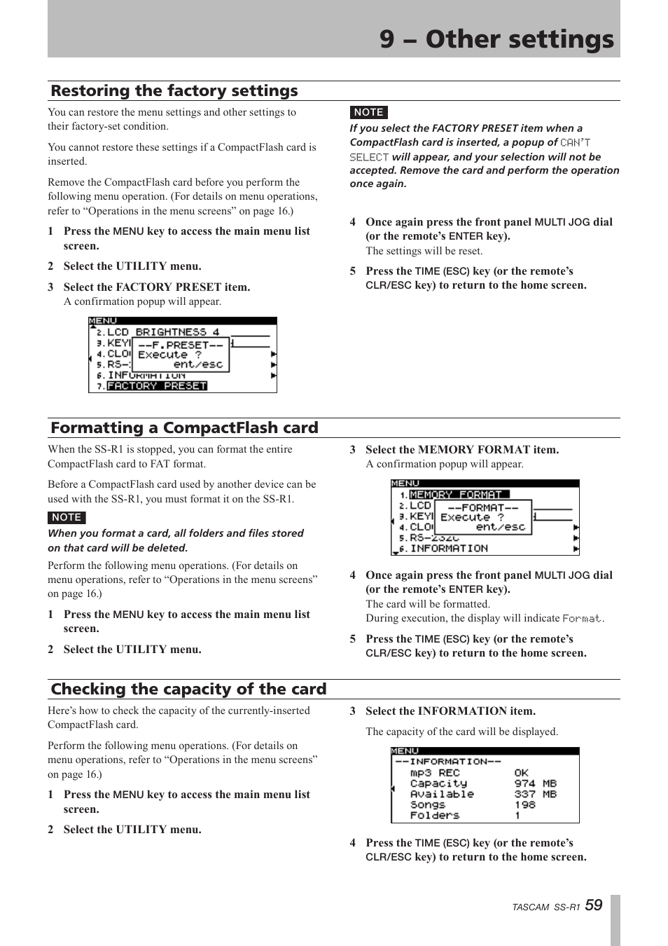 9 − other settings, Restoring the factory settings, Formatting a compactflash card | Checking the capacity of the card | Teac SS-R05 User Manual | Page 59 / 68
