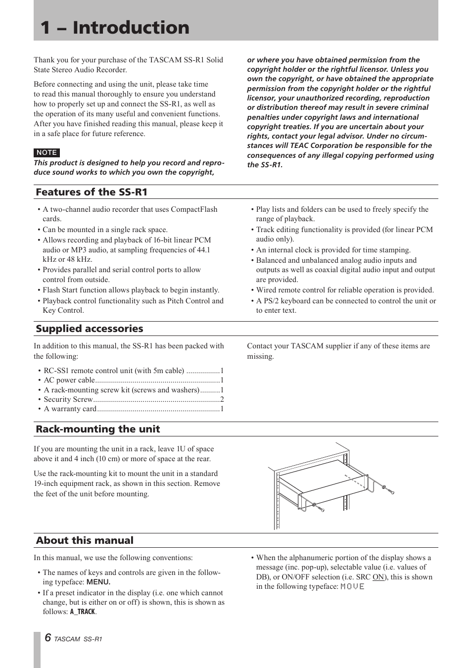 1 − introduction, Features of the ss-r1, Supplied accessories | Rack-mounting the unit, About this manual | Teac SS-R05 User Manual | Page 6 / 68