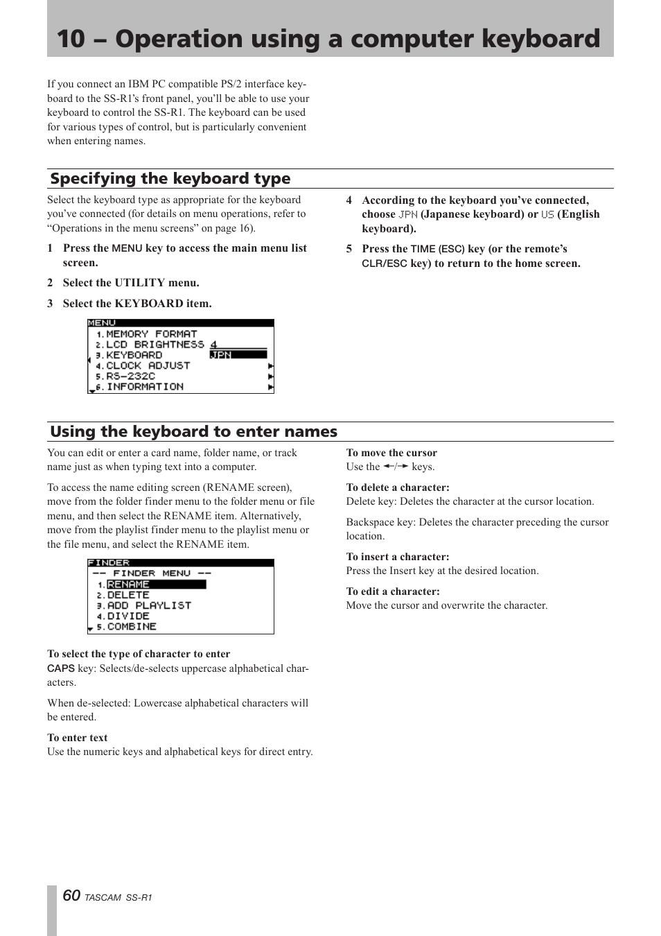 10 − operation using a computer keyboard, Specifying the keyboard type, Using the keyboard to enter names | Teac SS-R05 User Manual | Page 60 / 68