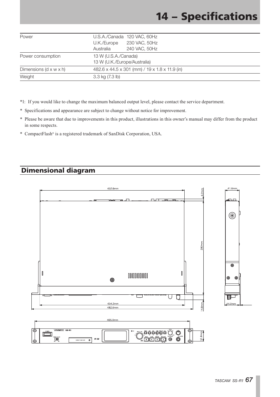 Dimensional diagram, 14 − specifications | Teac SS-R05 User Manual | Page 67 / 68