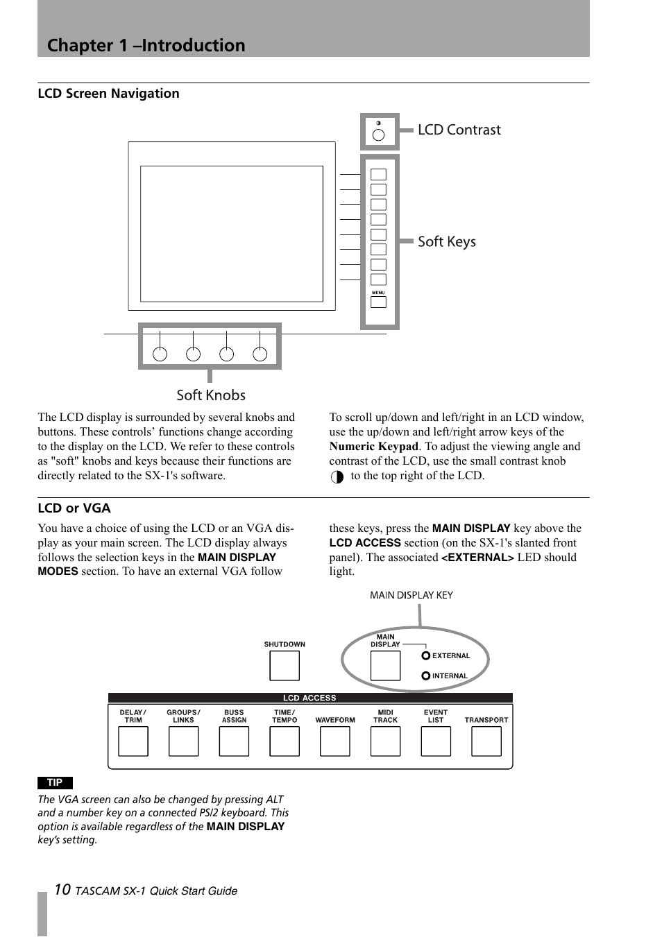 Lcd screen navigation, Lcd or vga, Lcd screen navigation lcd or vga | Chapter 1 –introduction | Teac SX-1 Quick Start Guide User Manual | Page 10 / 38