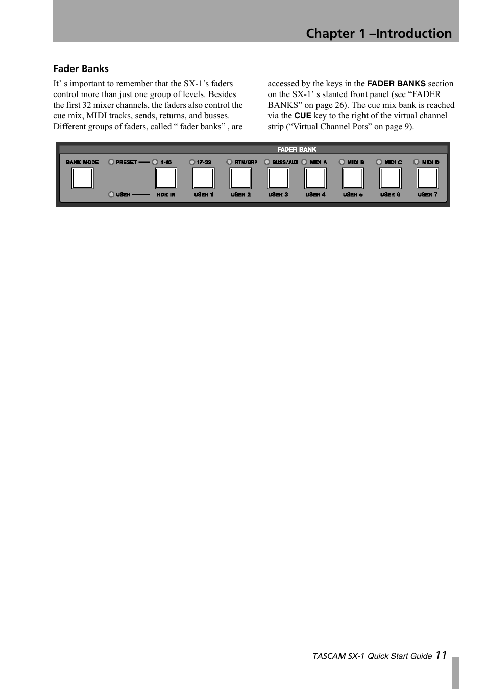 Fader banks, Chapter 1 –introduction | Teac SX-1 Quick Start Guide User Manual | Page 11 / 38