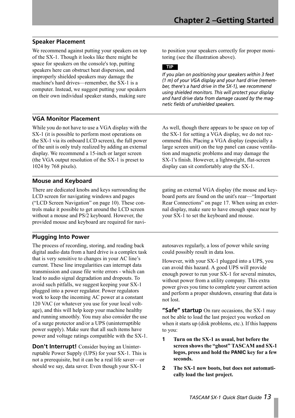 Speaker placement, Vga monitor placement, Mouse and keyboard | Plugging into power, Don't interrupt! “safe” startup, Chapter 2 –getting started | Teac SX-1 Quick Start Guide User Manual | Page 13 / 38