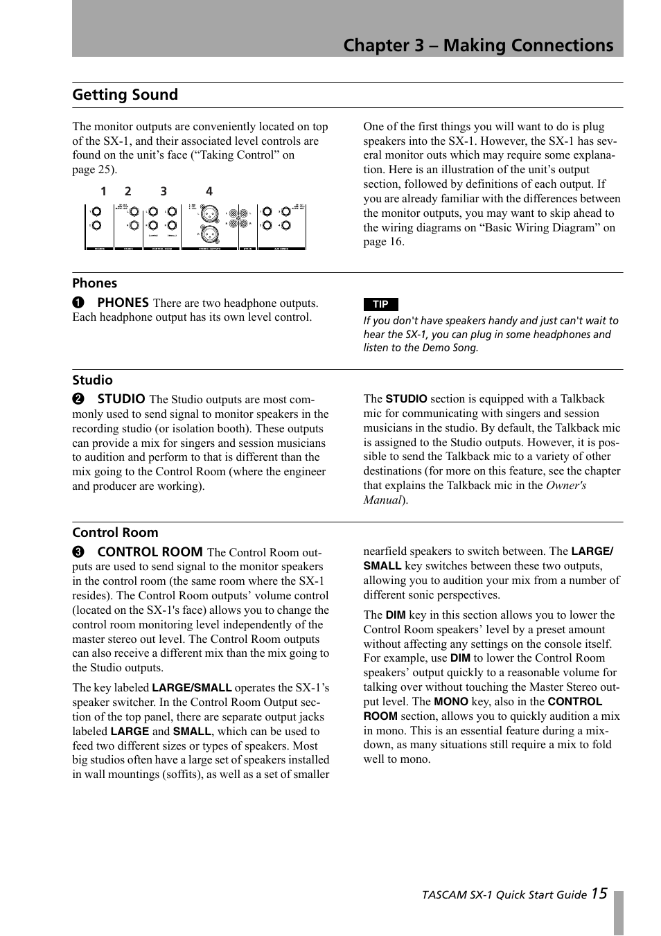 Chapter 3 – making connections, Getting sound, Phones | Studio, Control room, Phones studio control room | Teac SX-1 Quick Start Guide User Manual | Page 15 / 38